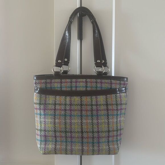 COACH Penelope Wool Tattersall Tweed Leather Trim Tote Shoulder Hand Bag Top Zip - Picture 12 of 13